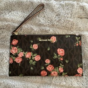 MK Logo Rose Print LARGE Wristlet